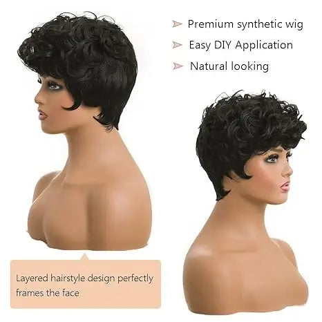 Short Black Pixie Wigs – Curly & Wavy Synthetic Hair for Black Women