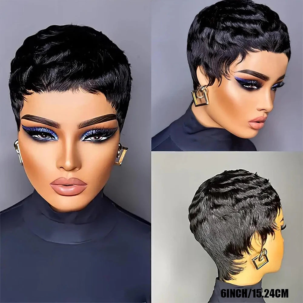 6" Short Pixie Cut Straight Wig – 100% Human Hair, Machine Made with Pre-Styled Bangs & Natural Hairline