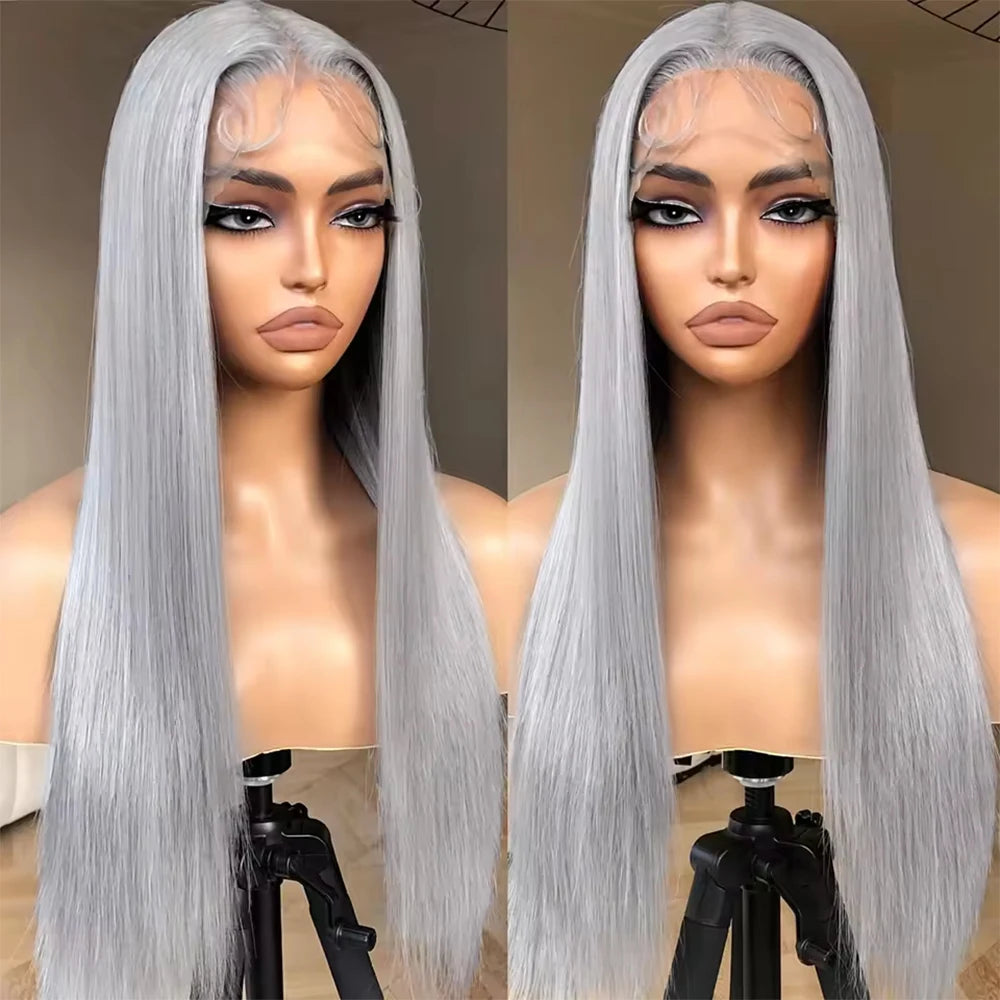 250% Silver Grey Straight Wig – 13x6 HD Lace Front, Brazilian Human Hair 30–40 Inch, 13x4 Lace Frontal