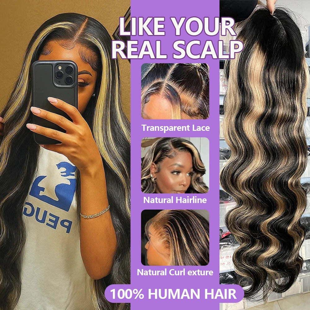 1B/27 Balayage Body Wave Wig – 30" 13x4 HD Lace Frontal, Ombre Blonde Brazilian Human Hair
