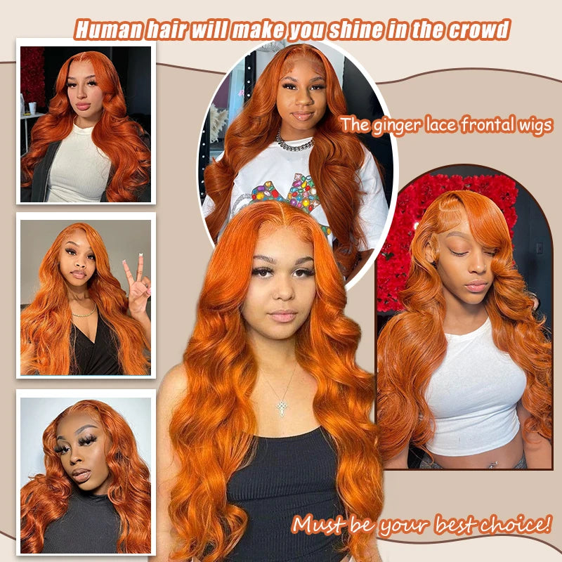 Ginger Orange Body Wave Wig – 13x6 Lace Front, 200% Density, 350 Colored Pre-Plucked Human Hair