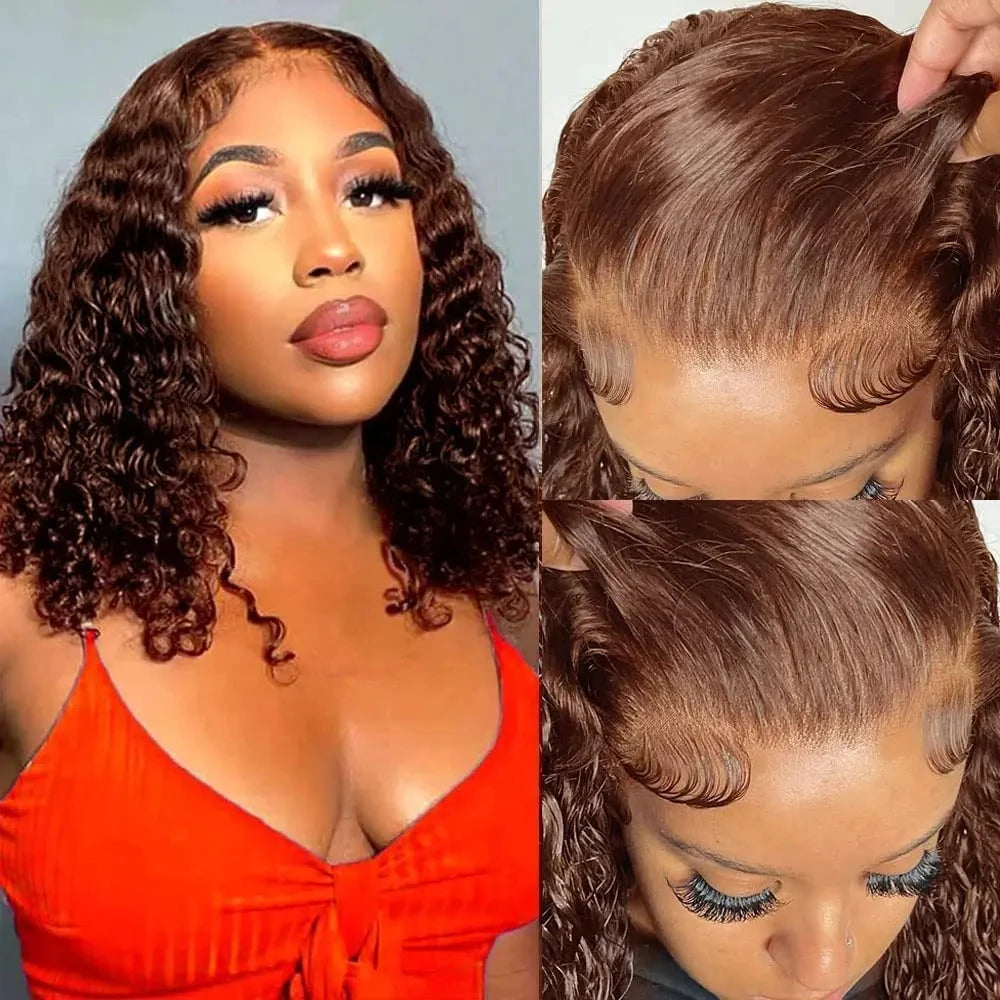 Brown Kinky Curly Short Bob Wig – 13x4 Pre-Plucked Brazilian Water Deep Wave, #4 Color