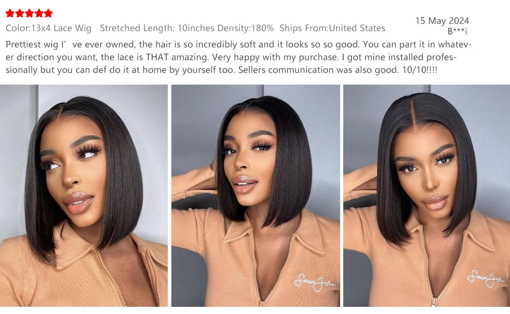 16" Bob Wig – 220% Density Straight 13x4 Lace Front, Pre-Plucked Brazilian Remy Human Hair