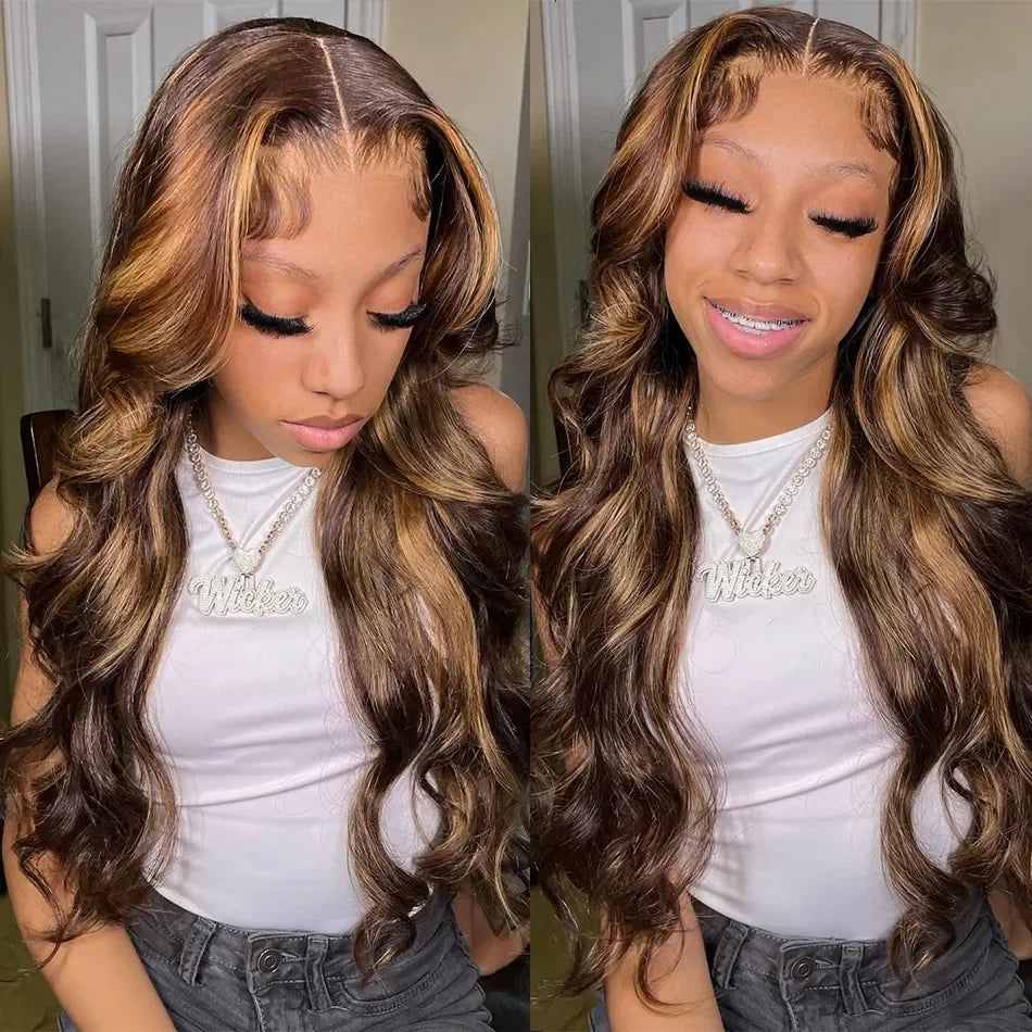 13x6 HD Transparent Body Wave Lace Front Wig – Colored Highlight 4/27 Blonde, Pre-Plucked Brazilian Human Hair