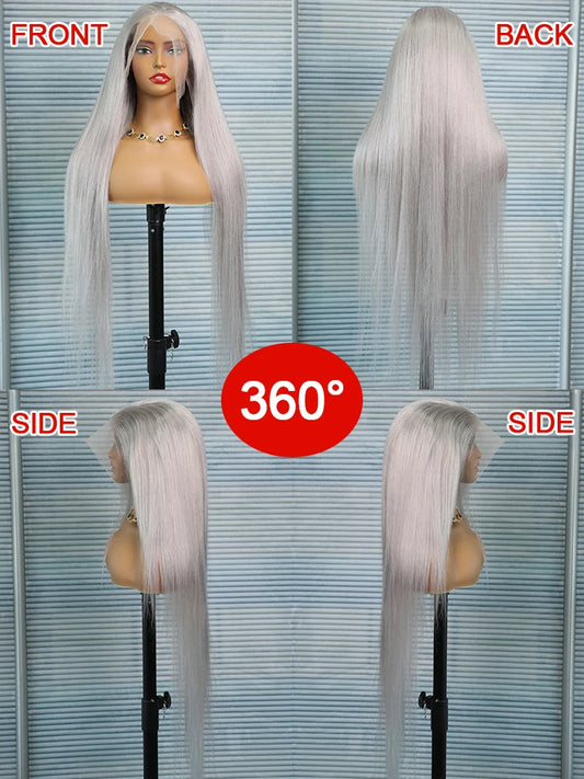 250% Silver Grey Straight Wig – 13x6 HD Lace Front, Brazilian Human Hair 30–40 Inch, 13x4 Lace Frontal