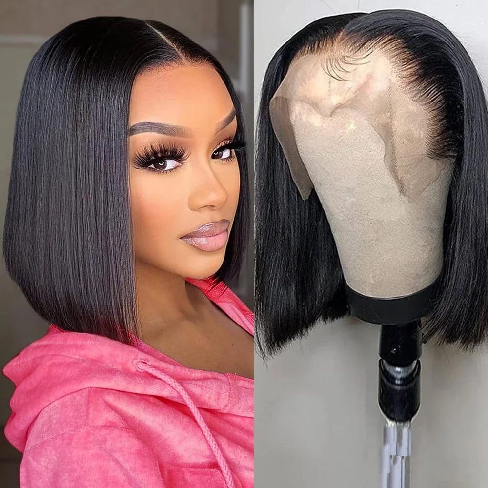 16" Bob Wig – 220% Density Straight 13x4 Lace Front, Pre-Plucked Brazilian Remy Human Hair