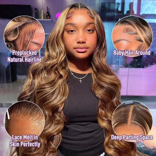 13x6 HD Transparent Body Wave Lace Front Wig – Colored Highlight 4/27 Blonde, Pre-Plucked Brazilian Human Hair