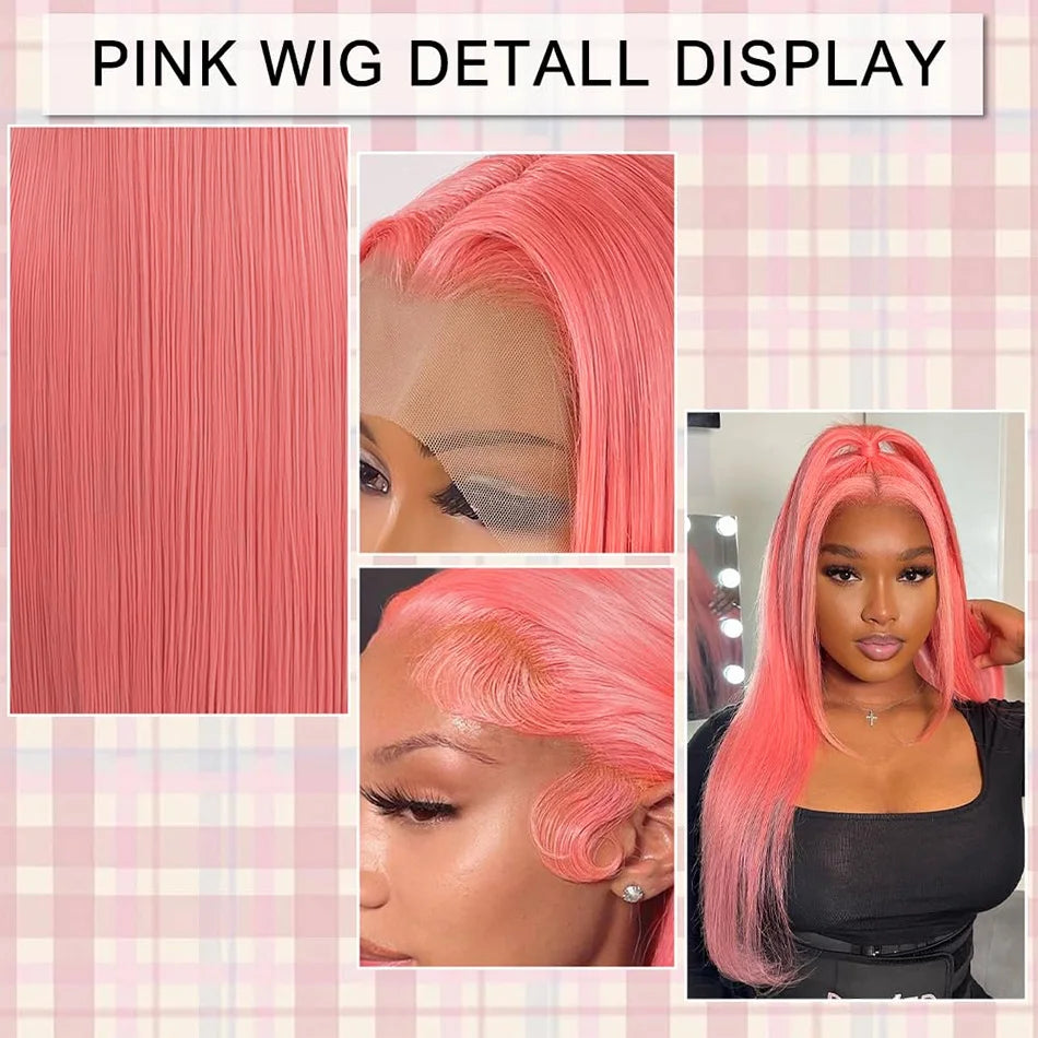 30" Pink Straight Lace Front Wig – 13x6 HD Human Hair Wig for Women