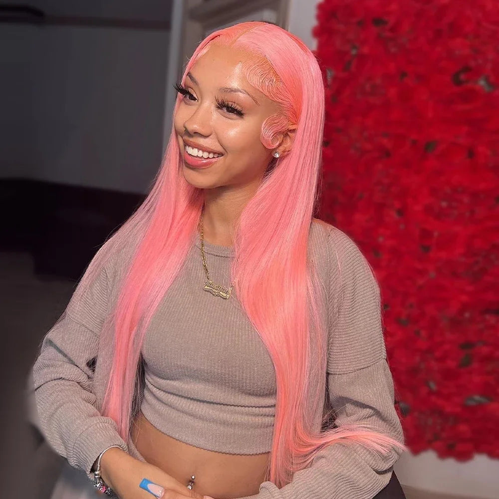30" Pink Straight Lace Front Wig – 13x6 HD Human Hair Wig for Women