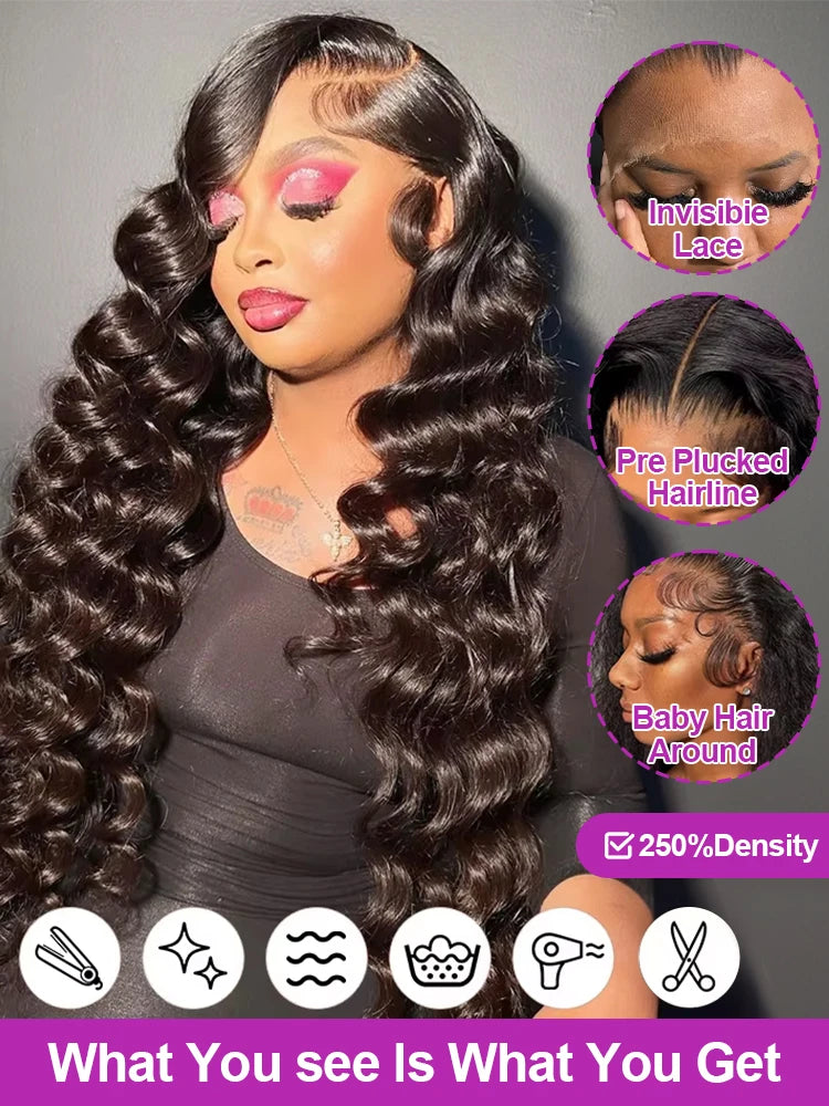 30–40" Loose Deep Wave Wig – 13x6/13x4 HD Lace Frontal, 360 Full Lace Pre-Plucked Brazilian Human Hair