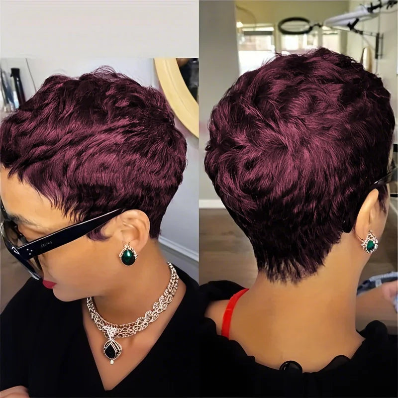 6" Short Pixie Cut Straight Wig – 100% Human Hair, Machine Made with Pre-Styled Bangs & Natural Hairline