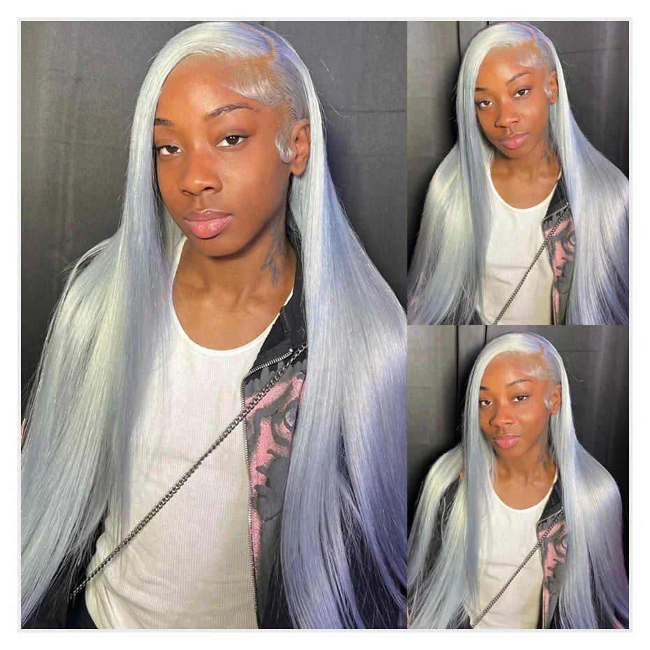 250% Silver Grey Straight Wig – 13x6 HD Lace Front, Brazilian Human Hair 30–40 Inch, 13x4 Lace Frontal