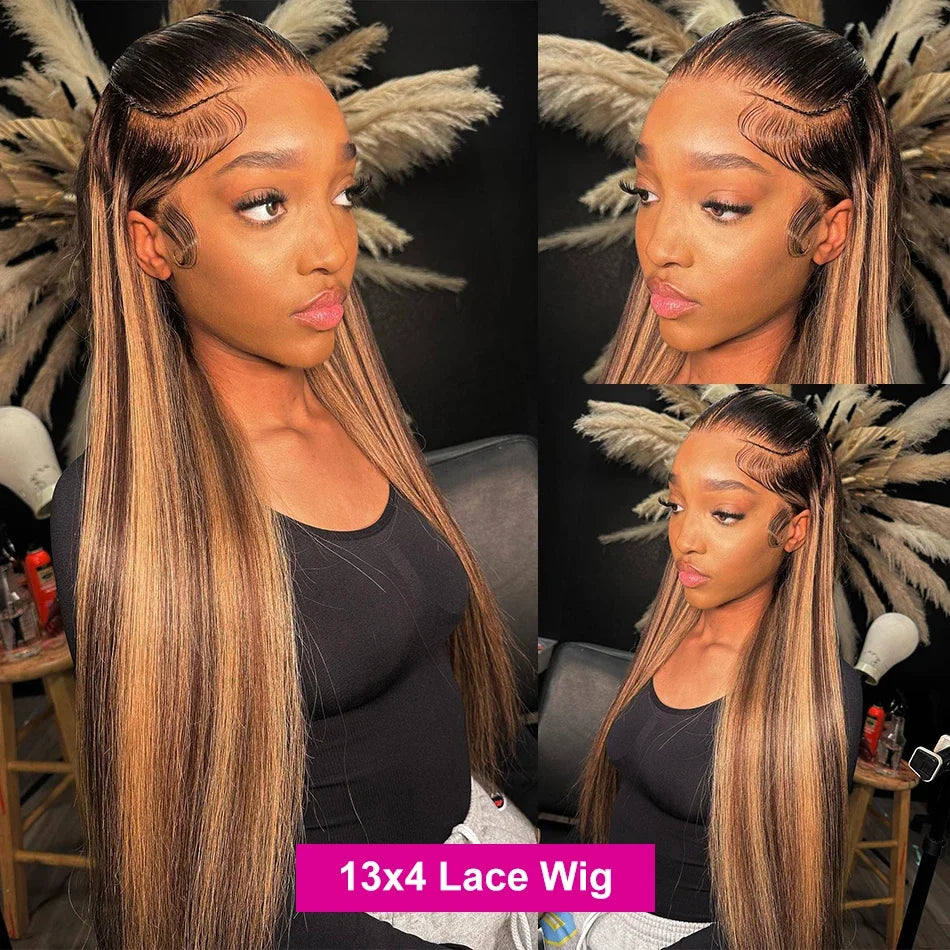 34" Bone Straight Highlight Wig – 13x4/13x6 Lace Front, Ombre Honey Blonde Human Hair
