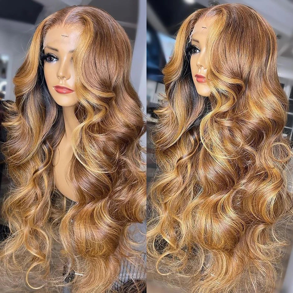 13x6 Highlight Lace Frontal Wig – Ombre Honey Blonde Body Wave, Pre-Plucked Human Hair