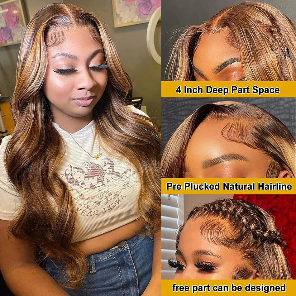 13x6 HD Transparent Body Wave Lace Front Wig – Colored Highlight 4/27 Blonde, Pre-Plucked Brazilian Human Hair