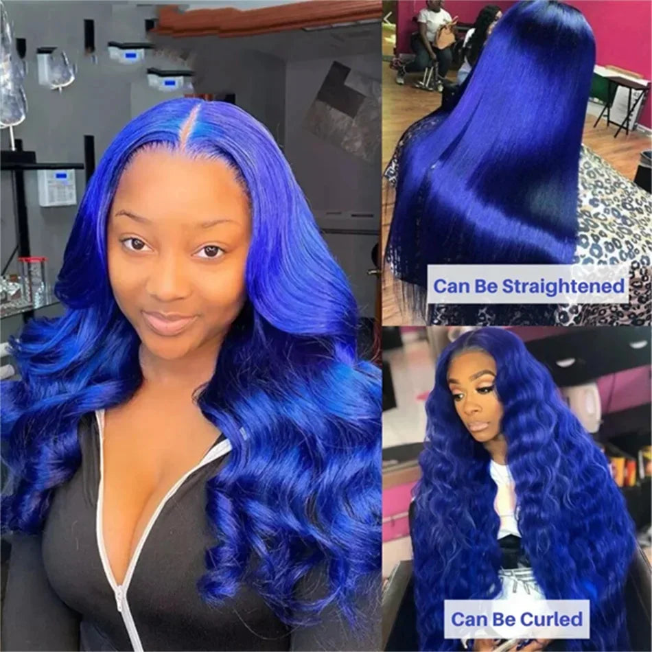 Navy Blue Body Wave Wig – 13x4 Transparent Lace Front, Brazilian Colored, Pre-Plucked Human Hair