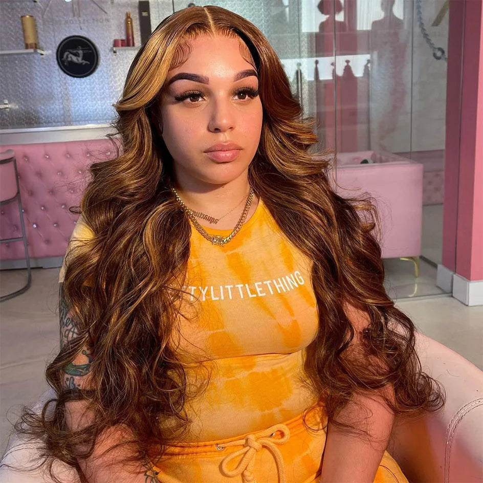 13x6 HD Transparent Body Wave Lace Front Wig – Colored Highlight 4/27 Blonde, Pre-Plucked Brazilian Human Hair