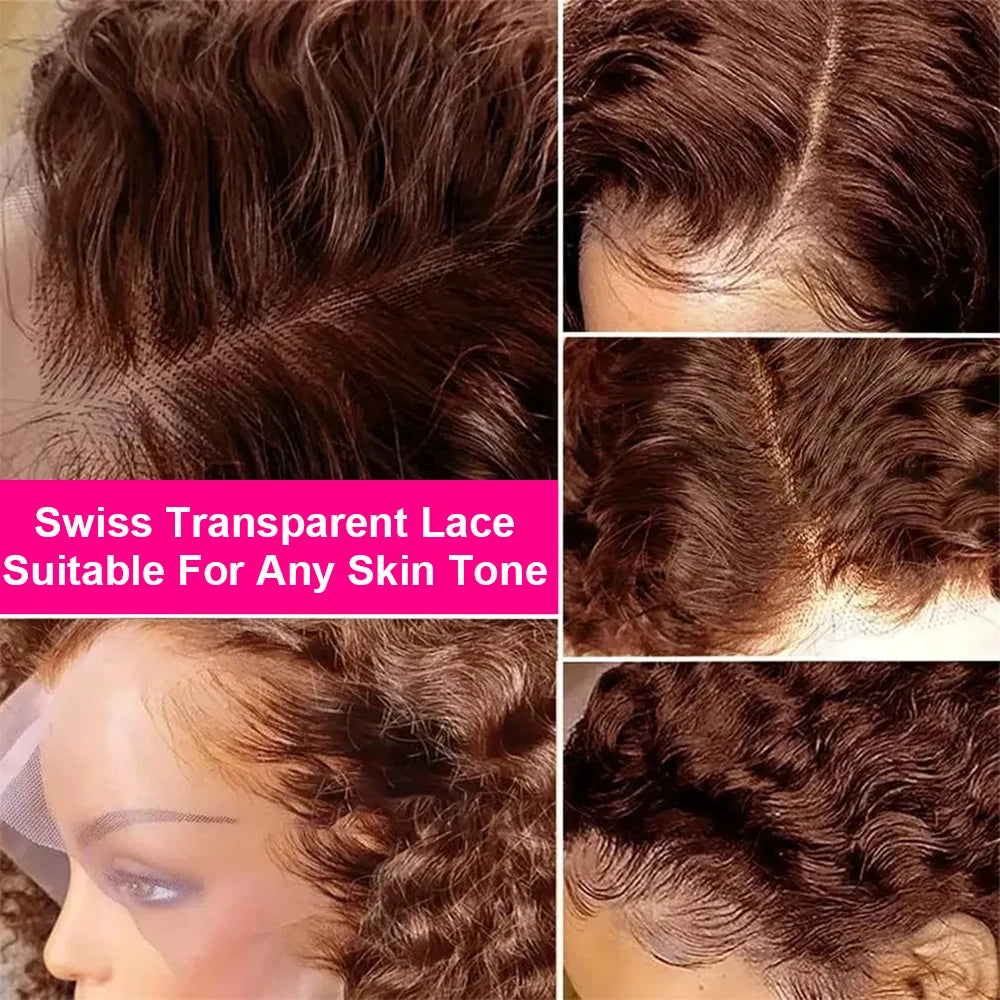 Brown Kinky Curly Short Bob Wig – 13x4 Pre-Plucked Brazilian Water Deep Wave, #4 Color