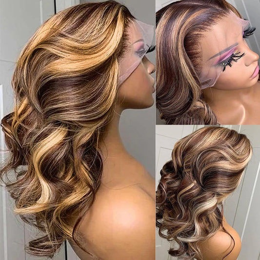 13x6 Highlight Lace Frontal Wig – Ombre Honey Blonde Body Wave, Pre-Plucked Human Hair