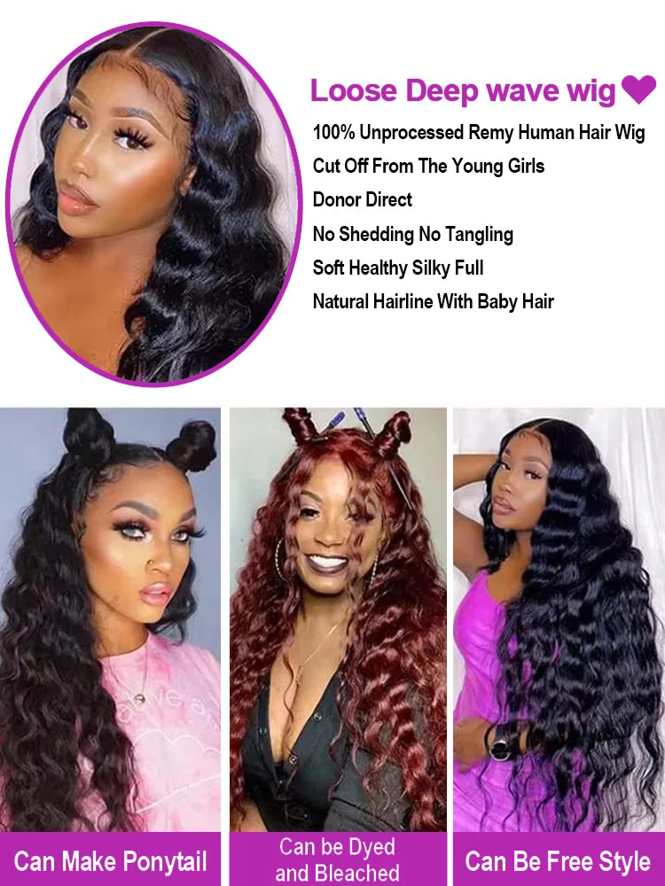 30–40" Loose Deep Wave Wig – 13x6/13x4 HD Lace Frontal, 360 Full Lace Pre-Plucked Brazilian Human Hair