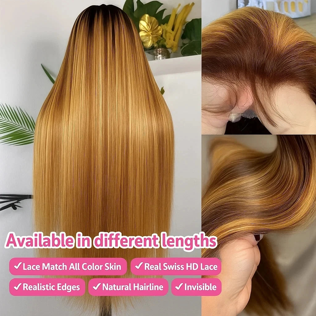 P4/27 Highlight Bone Straight Wig – 13x4 HD Lace Frontal, Brazilian Ombre Honey Blonde