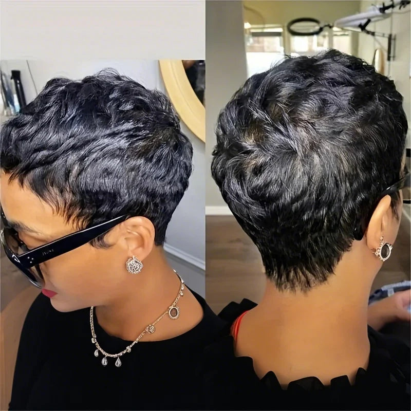 6" Short Pixie Cut Straight Wig – 100% Human Hair, Machine Made with Pre-Styled Bangs & Natural Hairline