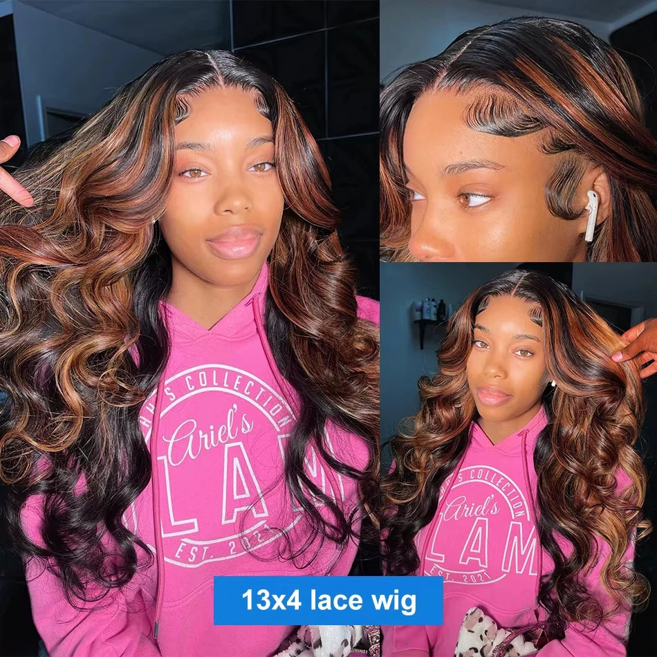 Body Wave Highlight Ombre Wig – 13x4/13x6 Lace Front, 1B/30 Black Brown Brazilian Human Hair