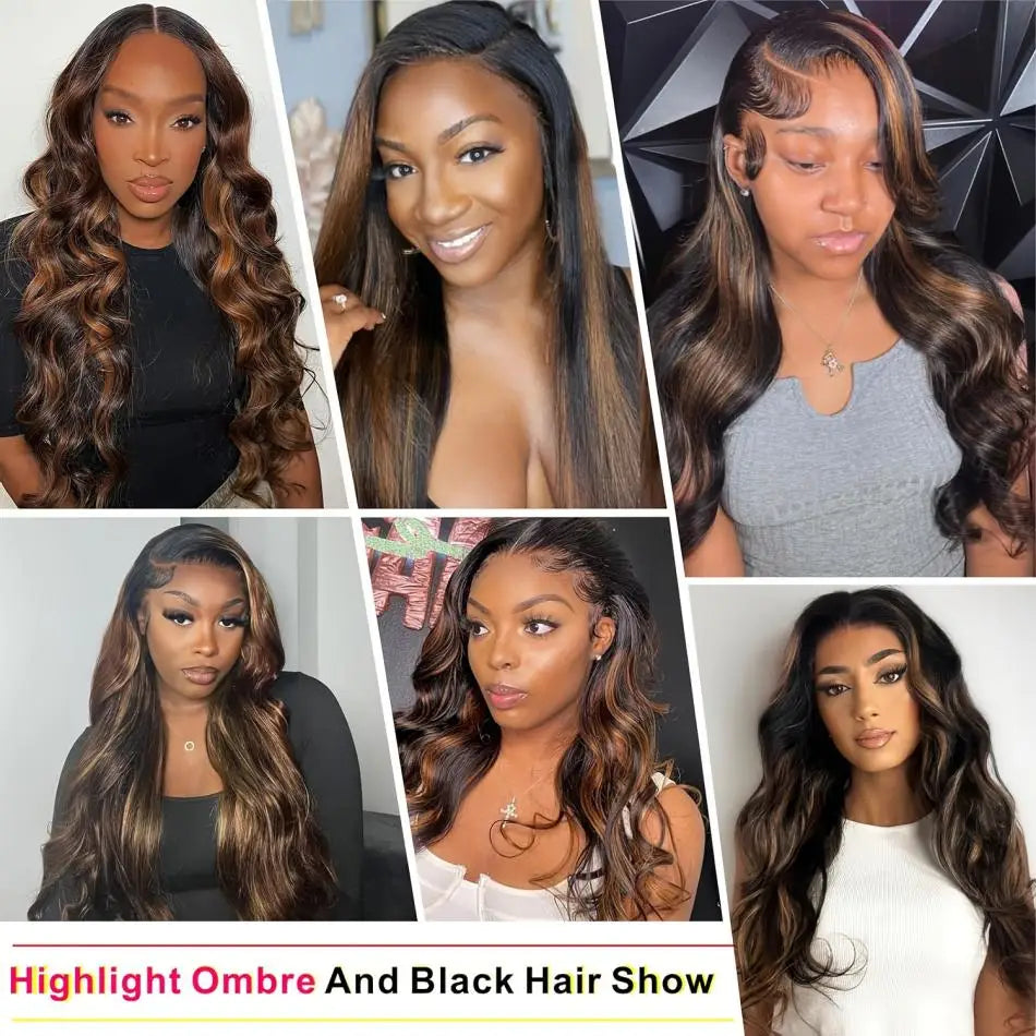 Body Wave Highlight Ombre Wig – 13x4/13x6 Lace Front, 1B/30 Black Brown Brazilian Human Hair