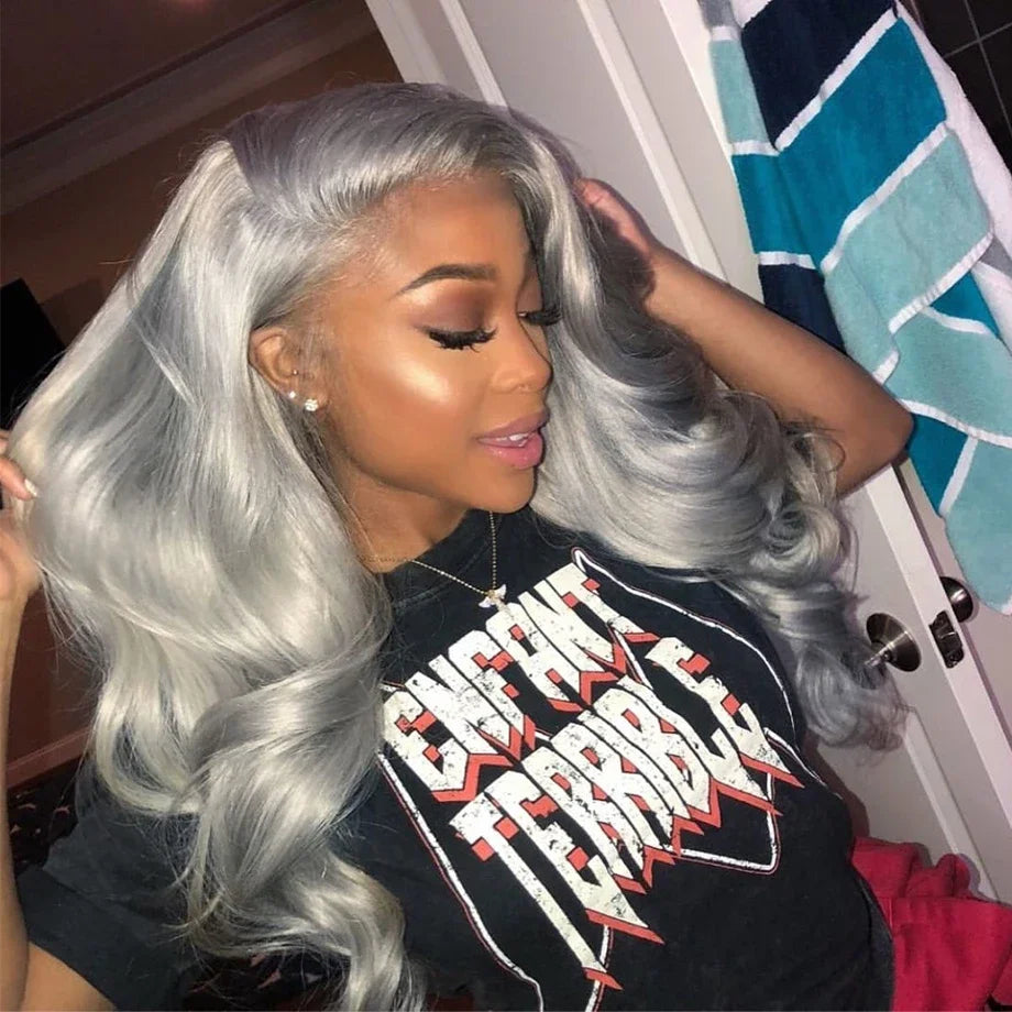Silver Grey Body Wave Cosplay Wig – 13x4/13x6 HD Lace Front, 613 Colored Brazilian Human Hair