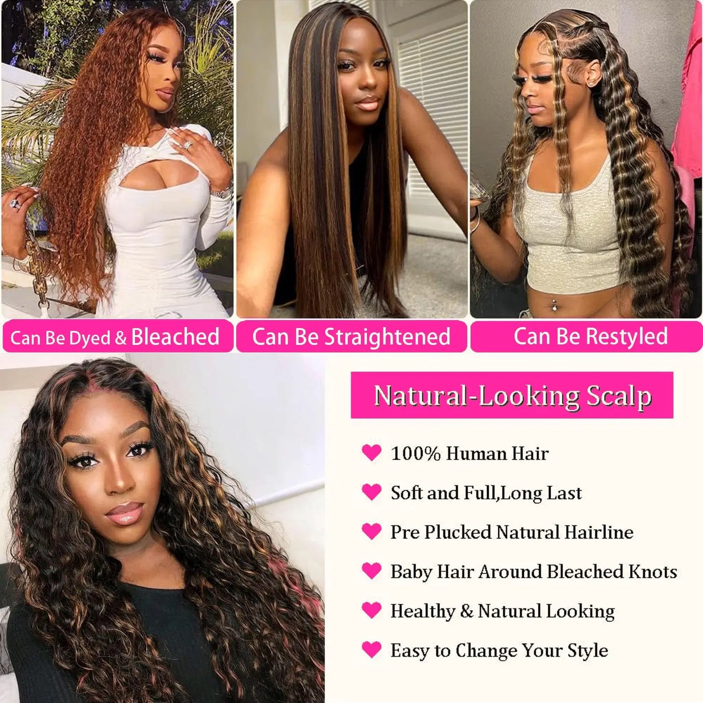 Varlea 200% Density 1B/30 Deep Wave Wig – 13x6 HD Lace Frontal, Water Wave & 13x4 Highlight Human Hair