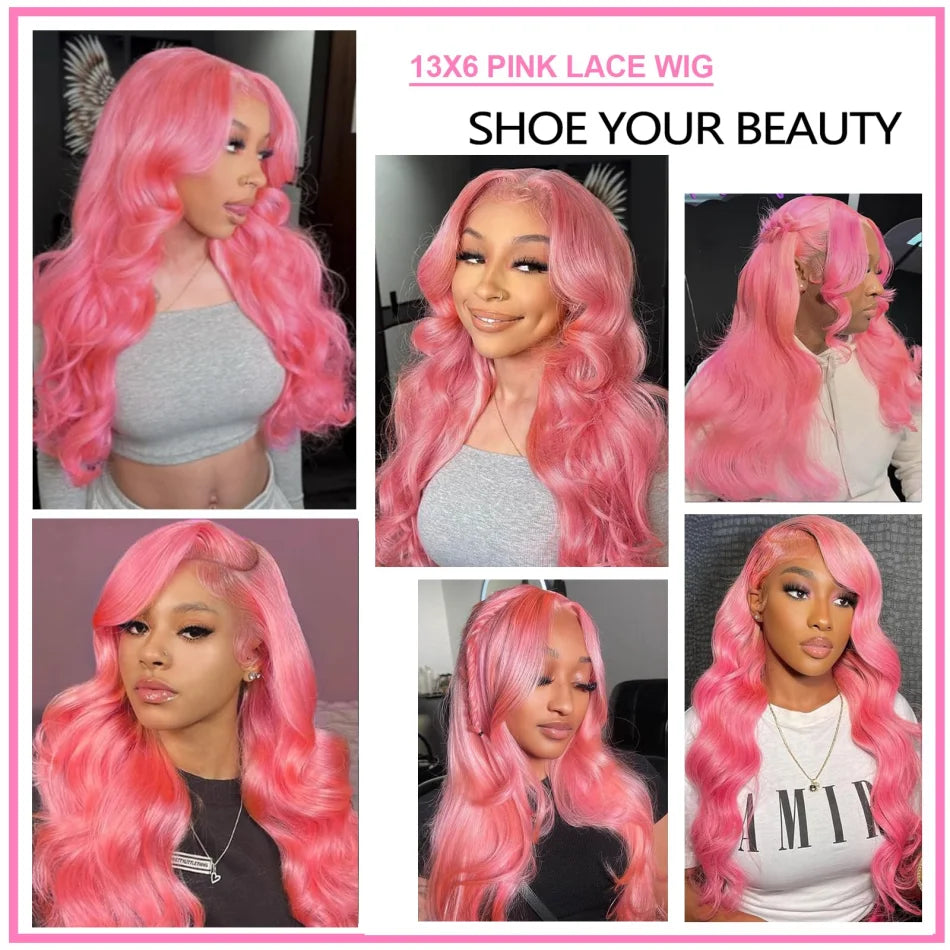 30–32" Pink Body Wave Wig – 13x6/13x4 HD Lace Front, 250% Density Brazilian Human Hair