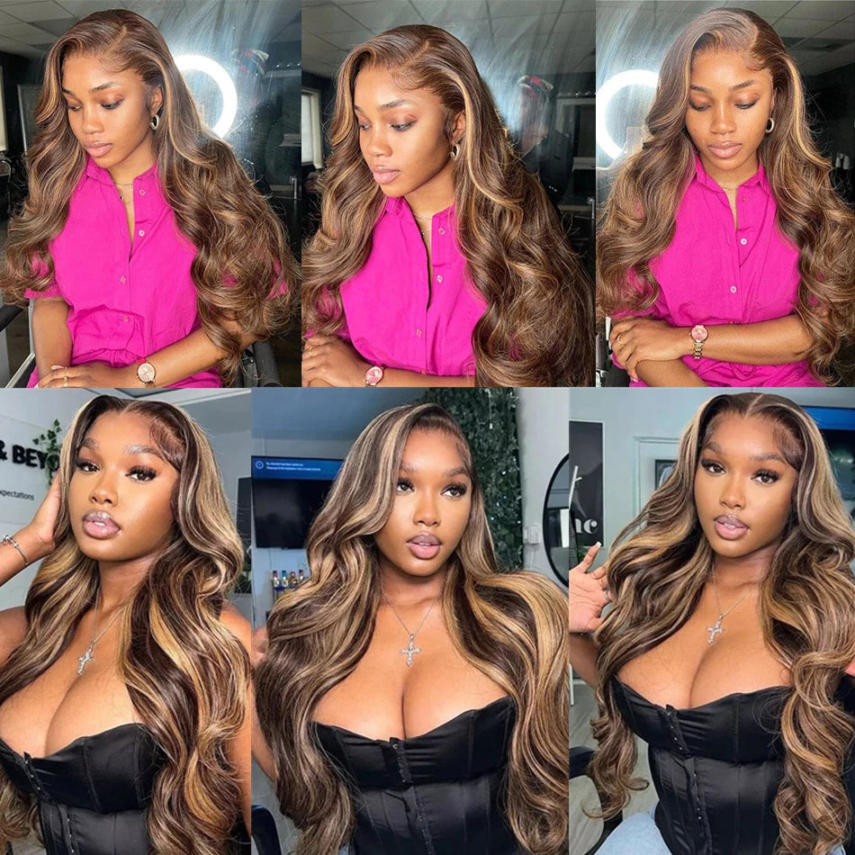 13x6 HD Transparent Body Wave Lace Front Wig – Colored Highlight 4/27 Blonde, Pre-Plucked Brazilian Human Hair