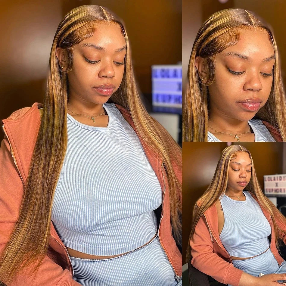 Straight Highlight Wig – 13x6 HD Lace Front, Ombre Honey Blonde Human Hair
