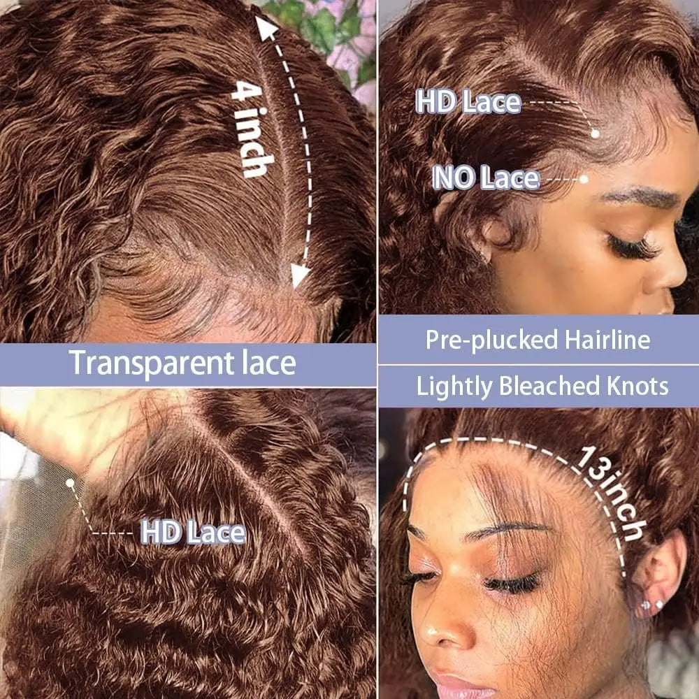Chocolate Brown Deep Wave Wig – 13x6/13x4 HD Lace Front, Pre-Plucked Curly Human Hair