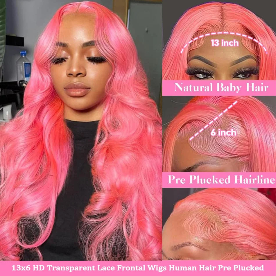 30–32" Pink Body Wave Wig – 13x6/13x4 HD Lace Front, 250% Density Brazilian Human Hair