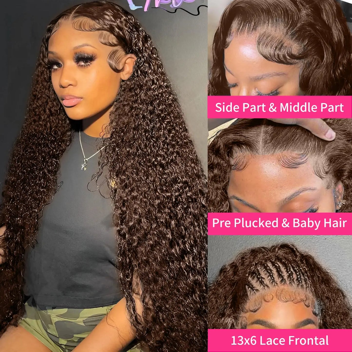 Chocolate Brown Deep Wave Wig – 13x6/13x4 HD Lace Front, Pre-Plucked Curly Human Hair