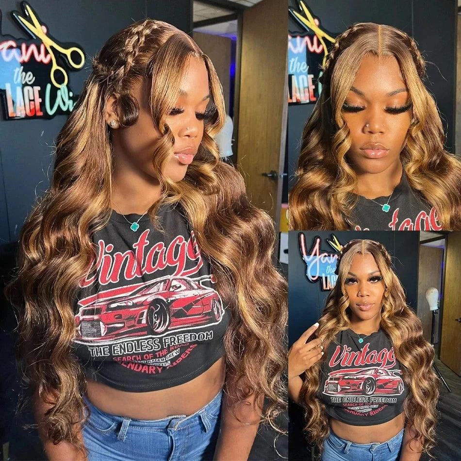 13x6 HD Transparent Body Wave Lace Front Wig – Colored Highlight 4/27 Blonde, Pre-Plucked Brazilian Human Hair