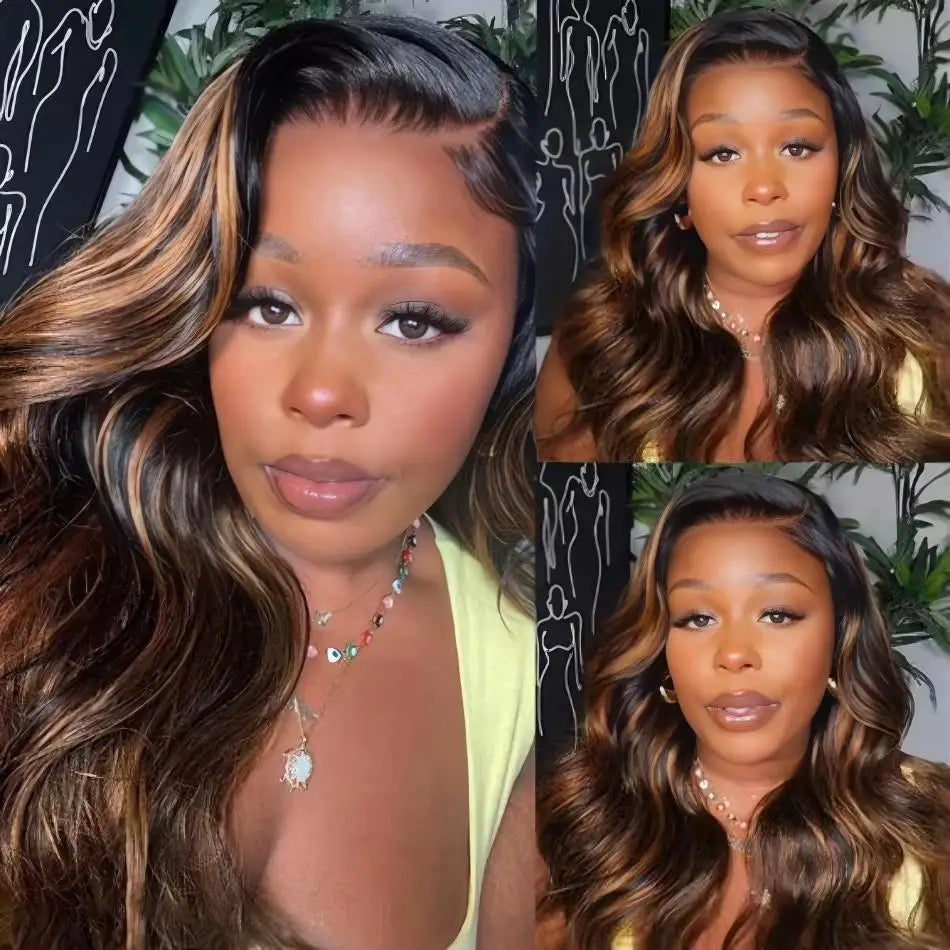 Body Wave Highlight Ombre Wig – 13x4/13x6 Lace Front, 1B/30 Black Brown Brazilian Human Hair