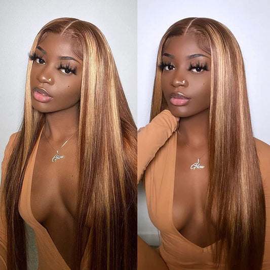 34" Bone Straight Highlight Wig – 13x4/13x6 Lace Front, Ombre Honey Blonde Human Hair