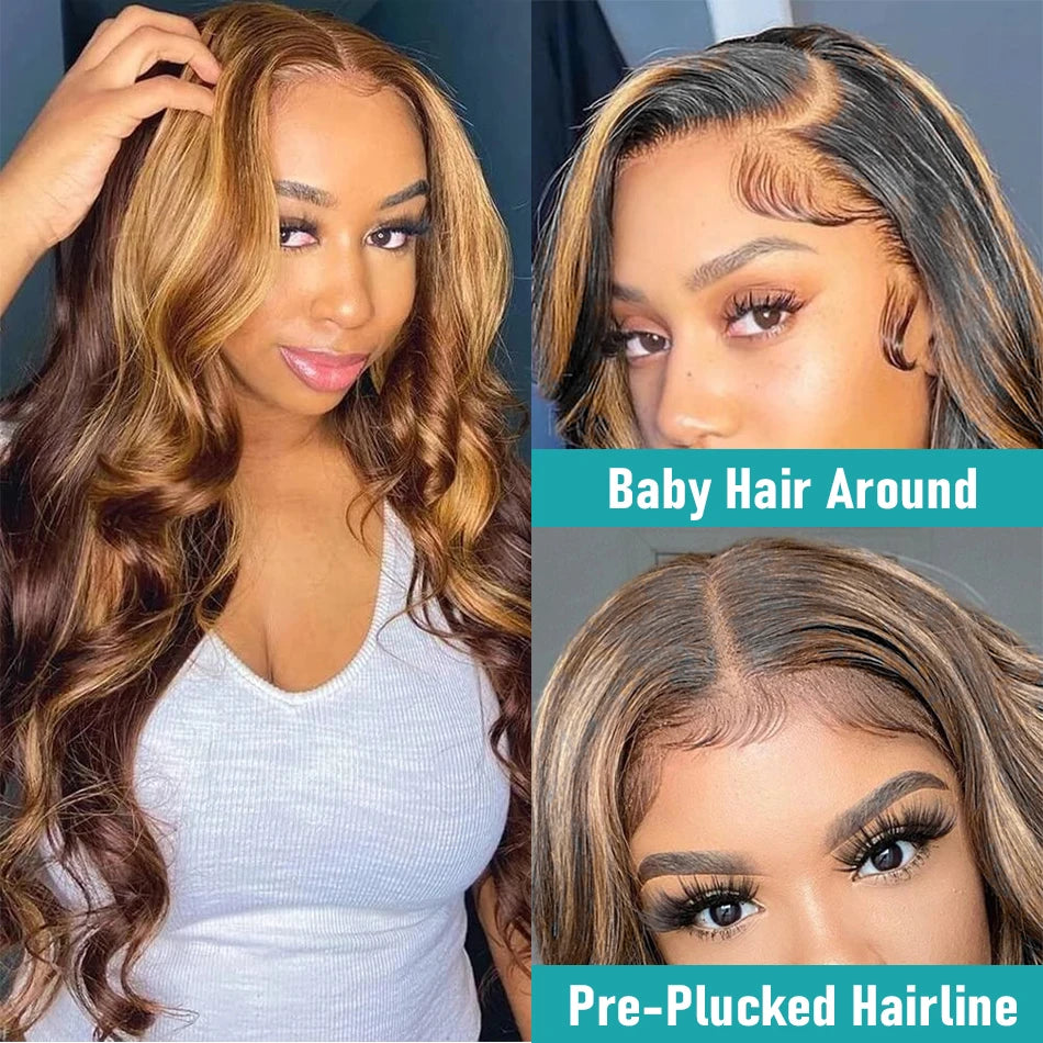13x6 Highlight Lace Frontal Wig – Ombre Honey Blonde Body Wave, Pre-Plucked Human Hair