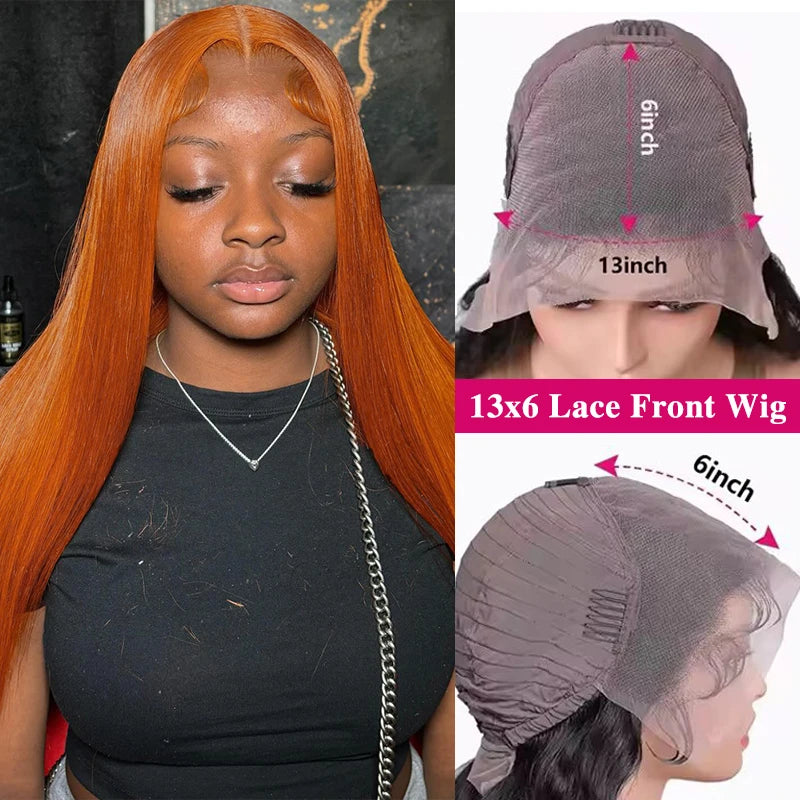 30" Orange Ginger Straight Lace Front Wig – 13x6 HD Transparent, 350 Brazilian Human Hai