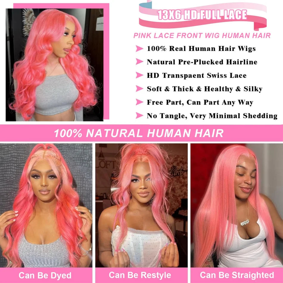 30–32" Pink Body Wave Wig – 13x6/13x4 HD Lace Front, 250% Density Brazilian Human Hair