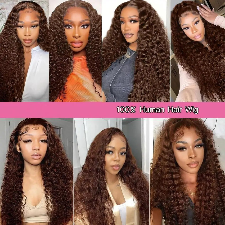 13x4 Chocolate Brown Curly Lace Front Wig – Pre-Plucked Deep Wave, 13x6 HD Lace Brazilian Human Hair
