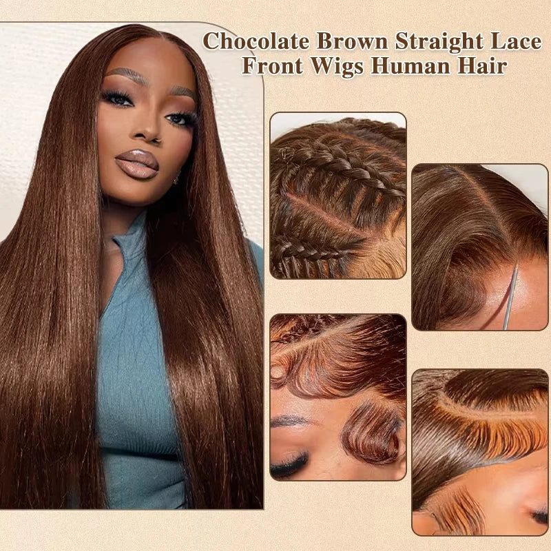 Bone Straight Chocolate Brown Lace Front Wig – 13x4/13x6 HD Transparent, Pre-Plucked Colored Human Hair