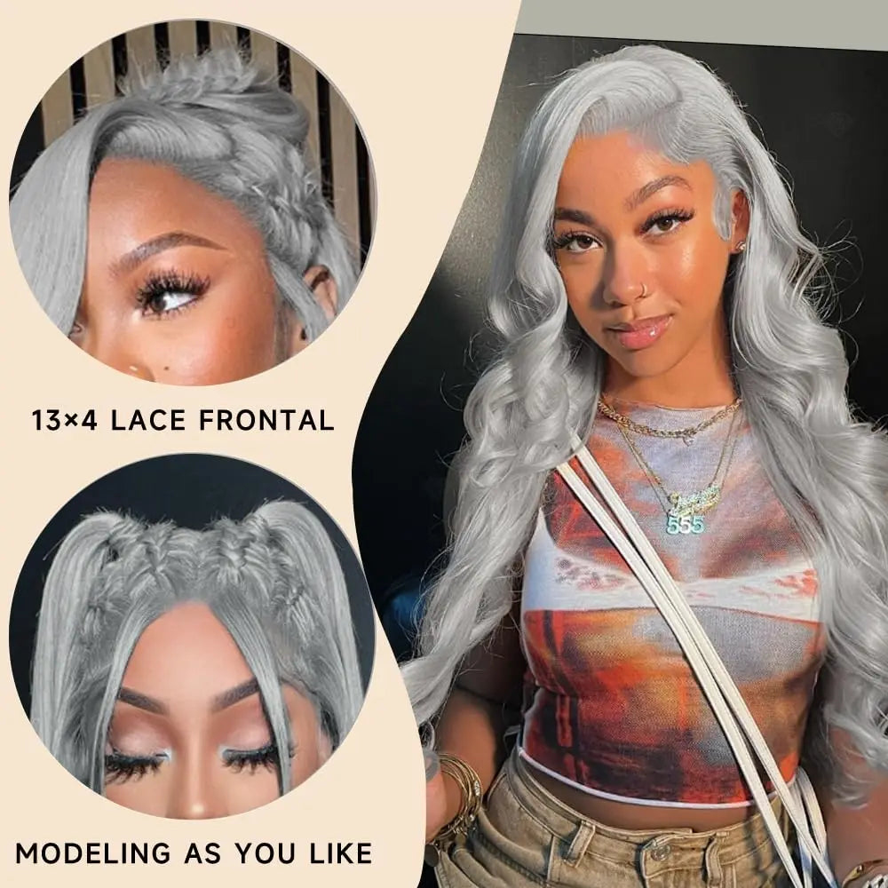 Silver Grey Body Wave Cosplay Wig – 13x4/13x6 HD Lace Front, 613 Colored Brazilian Human Hair