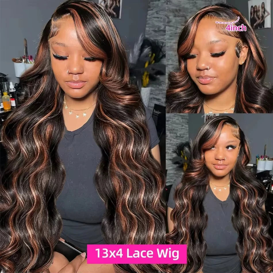 Body Wave Highlight Ombre Wig – 13x4/13x6 Lace Front, 1B/30 Black Brown Brazilian Human Hair
