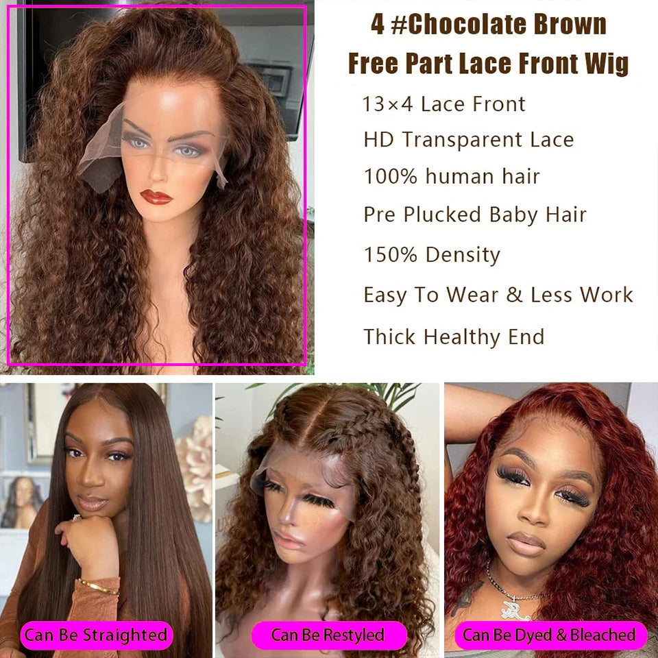 30–36" Chocolate Brown Deep Curly Wig – 13x4/13x6 HD Lace Frontal, Colored Water Wave Human Hair