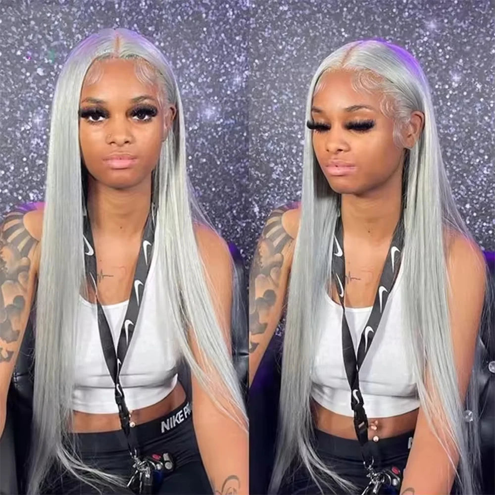 250% Silver Grey Straight Wig – 13x6 HD Lace Front, Brazilian Human Hair 30–40 Inch, 13x4 Lace Frontal