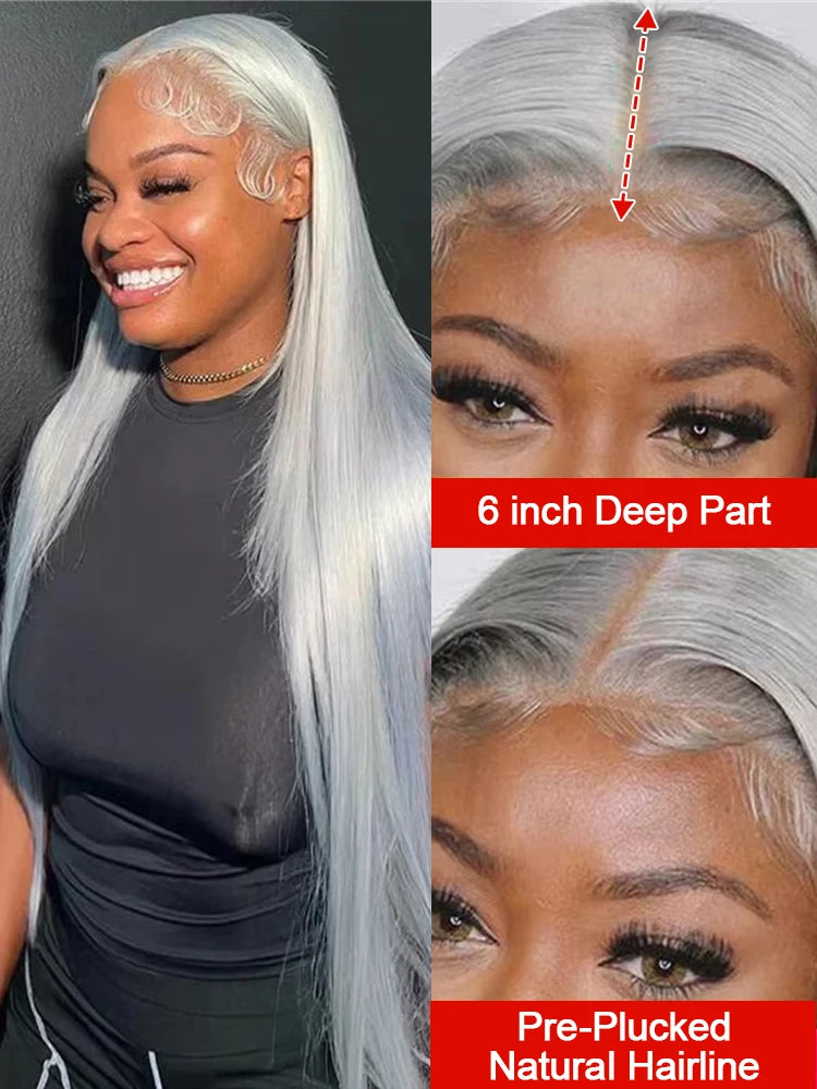 250% Silver Grey Straight Wig – 13x6 HD Lace Front, Brazilian Human Hair 30–40 Inch, 13x4 Lace Frontal