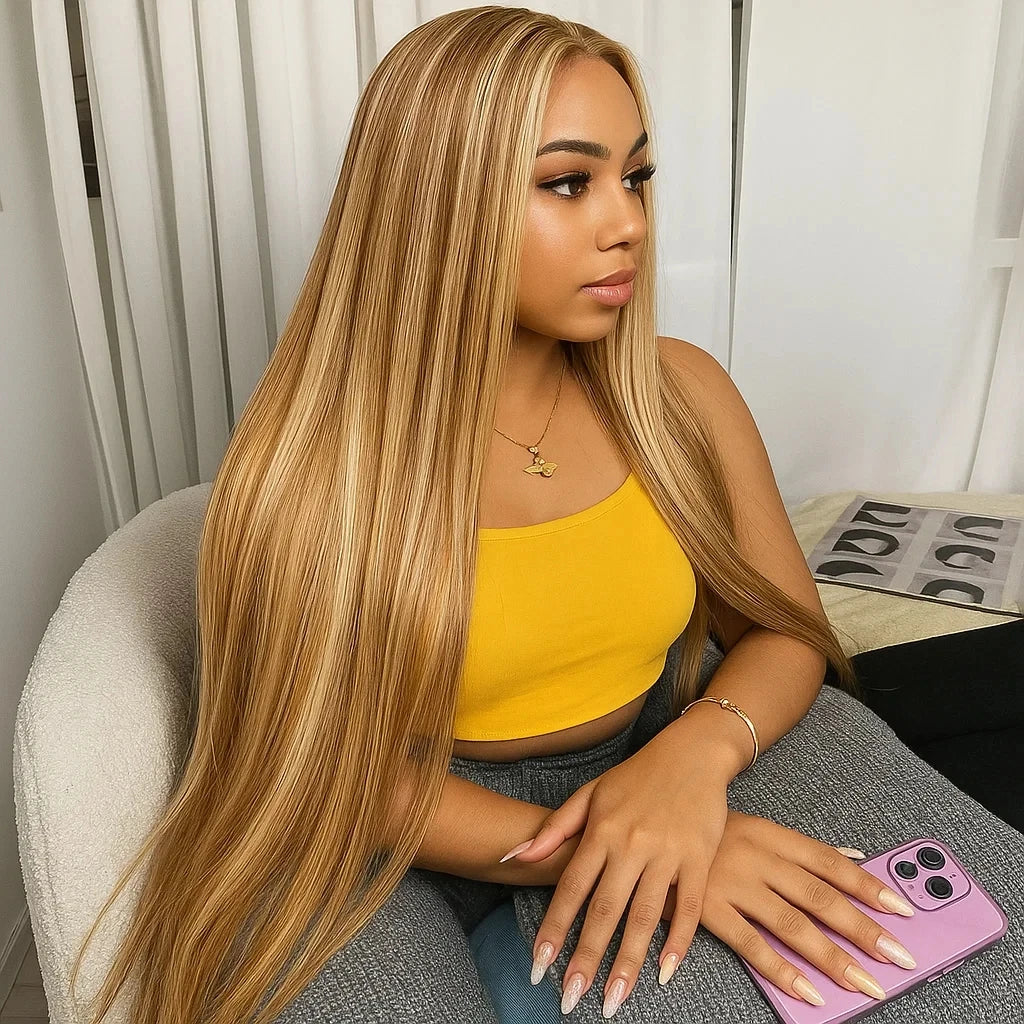 P4/27 Highlight Bone Straight Wig – 13x4 HD Lace Frontal, Brazilian Ombre Honey Blonde